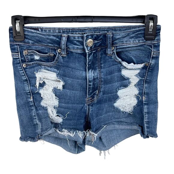 American Eagle SZ 6 Hi-Rise Shortie Jean Shorts Distressed Stretch Frayed Hems - Picture 1 of 8